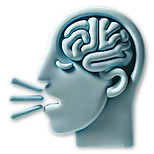 Blue icon of a head with brain and speech waves coming from the open mouth.