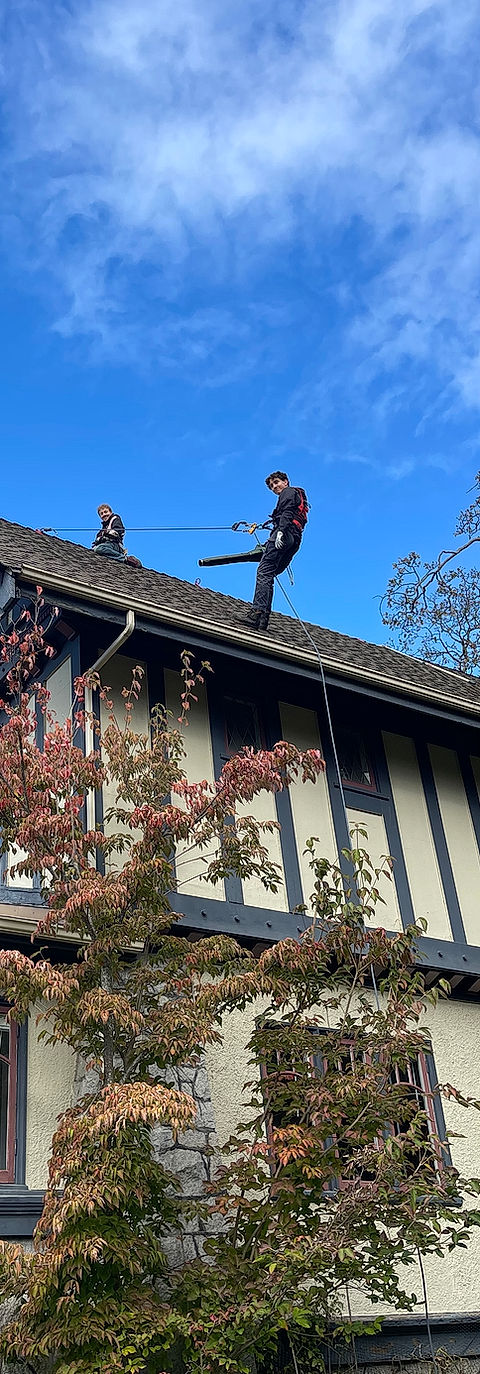 10/12 pitched steep roof work. Us on the jobsite.