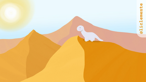 Em um deserto com sol forte, há um dinossauro com pescoço longo, de tamanho pequeno, aparentemente um filhote, andando por uma das dunas do deserto.