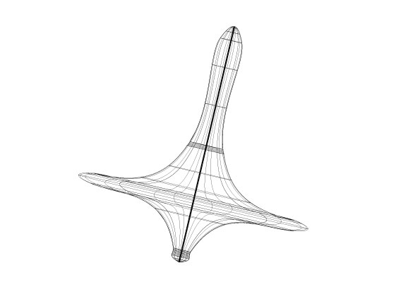 Imagem de um pião com formato similar a uma estrela de quatro pontas, com extremidades finas e o meio mais robusto. Este pião é formado por linhas de construção pretas em fundo branco e rotaciona seu eixo.