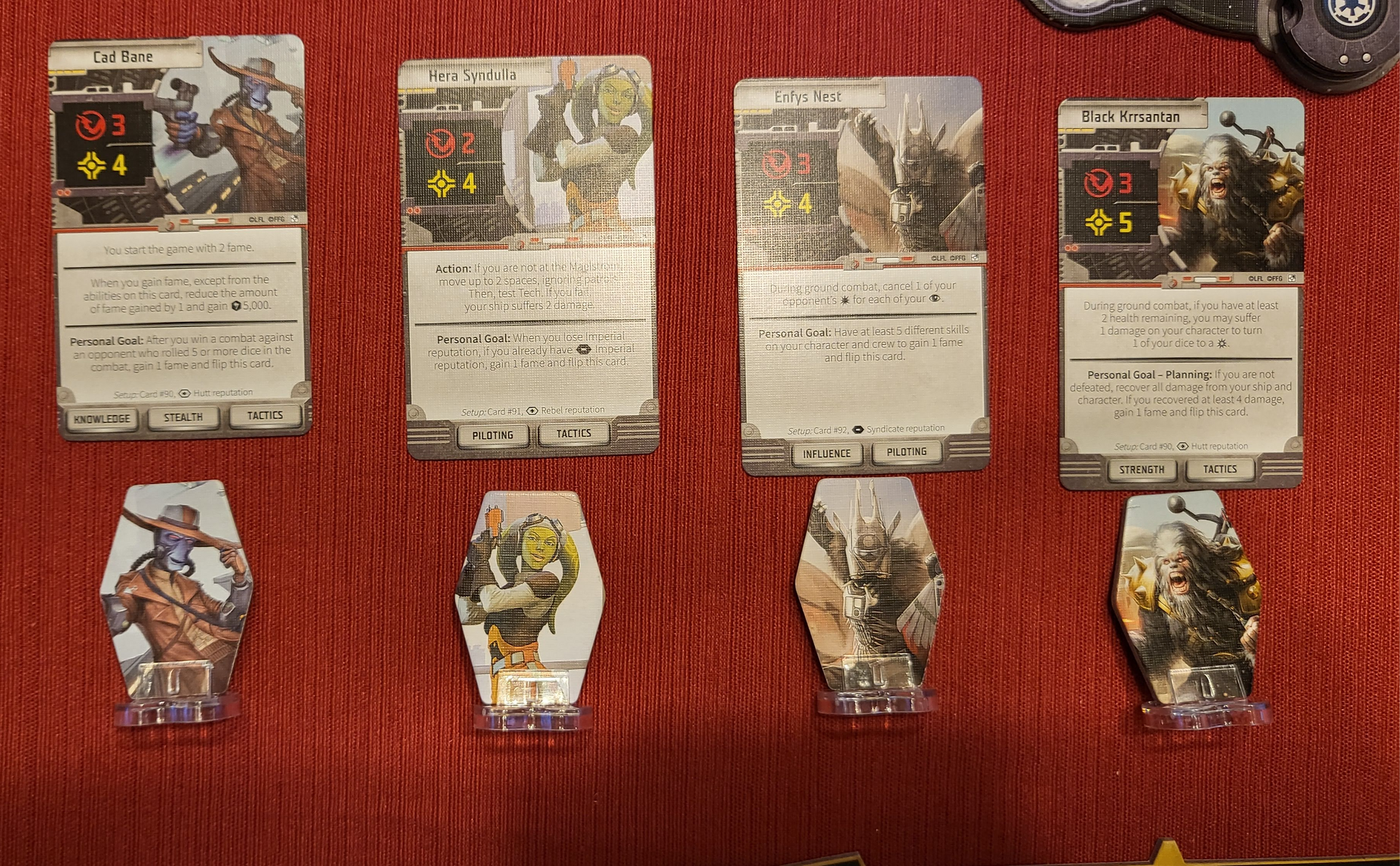 Four new characters laid next to each other: Cad Bane, Hera Syndulla, Enfys Nest, and Black Krrsantan