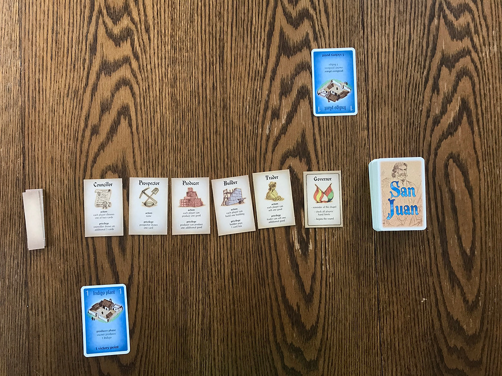 A two-player setup for San Juan.