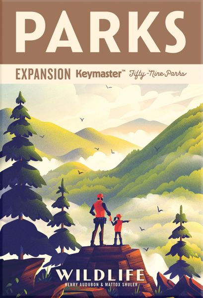 PARKS: Wildlife expansion game box. An adult bearded hiker and a young child hiker with a pony-tail stand atop a rocky outcropping near some tall pine trees and look away from the viewer. They are gazing over a valley that falls below the edge of the box. In the background, rolling green mountains fill the horizon, and small silhouettes of distant flying birds pepper the space. Misty clouds fill the valleys between the mountains, and more obscure the sky above.