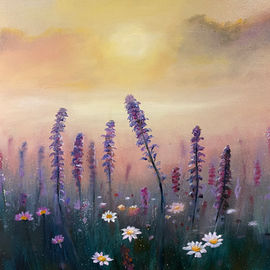 sunrise over meadow, misty moody scene, flowers, meadow