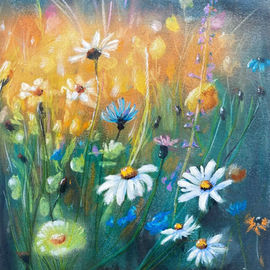 daisies, cornflowers in meadow field