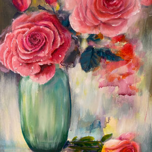 Pink roses in a green vase impression style abstract