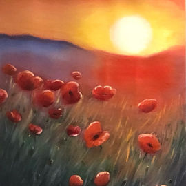Sunset over poppy fields, warm glow of light over a poppy field