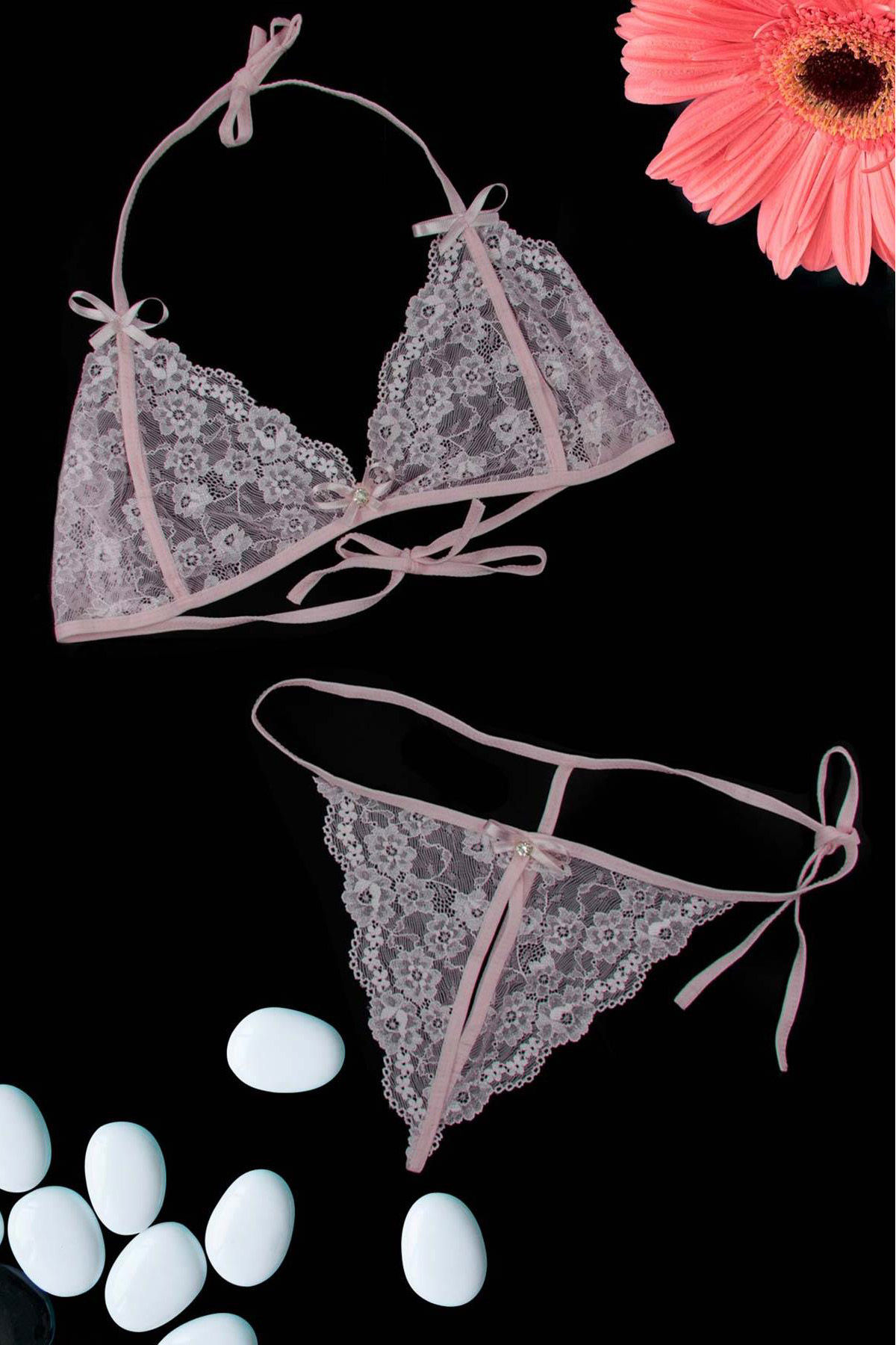 Stone Design Lace Bra Panty Set