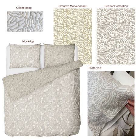Textile design process showing art selection from client inspiration, repeat pattern refinement, product mock-ups, and first prototype.