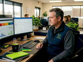 Facility manager reviewing maintenance workflow in office