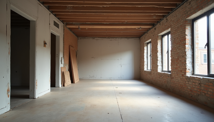 Eye-level view of a modern NYC apartment living room under renovation with exposed brick walls and construction materials