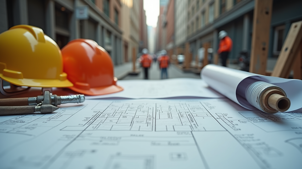Close-up view of construction tools and blueprints on a Manhattan renovation site