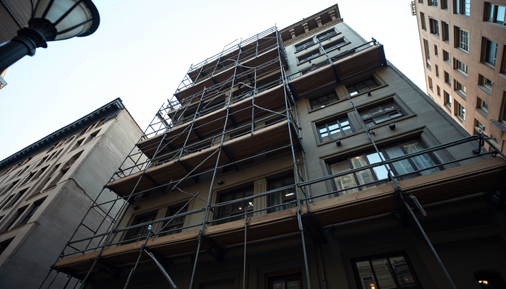 Eye-level view of a New York City building facade with visible construction scaffolding