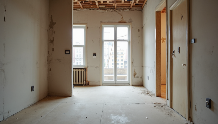 Eye-level view of a modern NYC apartment interior under renovation with exposed walls and construction materials