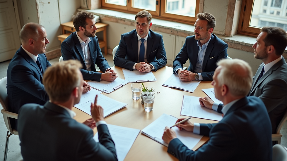 High angle view of contractors discussing bids around a table