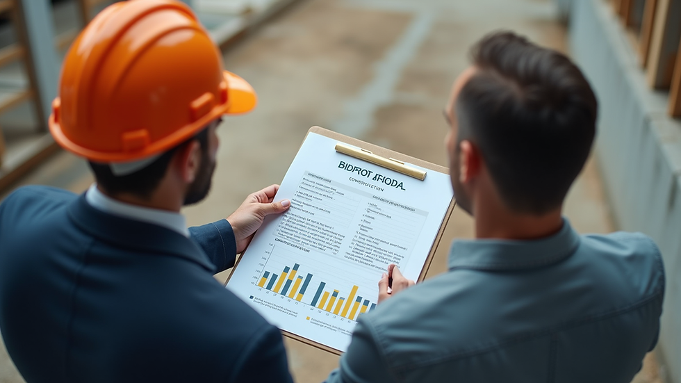 High angle view of a contractor presenting a bid proposal to a client