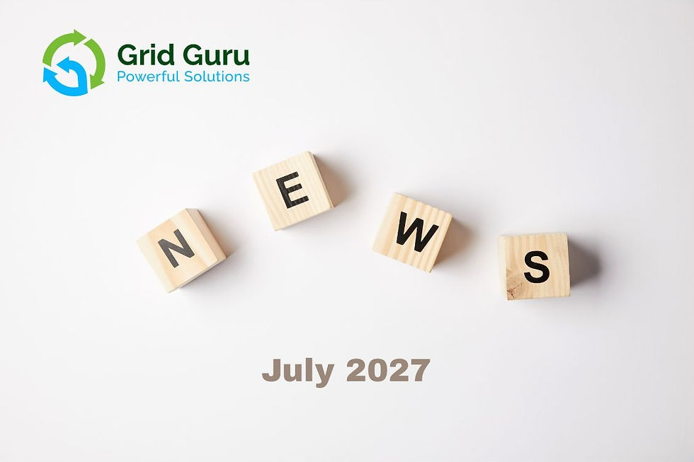 Grid Guru logo above wooden blocks spelling NEWS on white background, with July 2027 text.