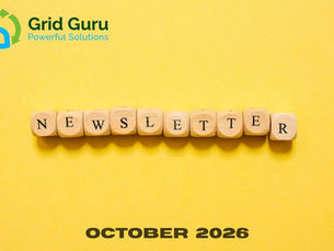 Yellow newsletter graphic with Grid Guru Powerful Solutions logo and wooden tiles spelling NEWSLETTER above October 2026.