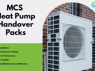 Heat pump on brick wall with "MCS Heat Pump Handover Packs" text. Notes include compliance, installation guides, and maintenance support.