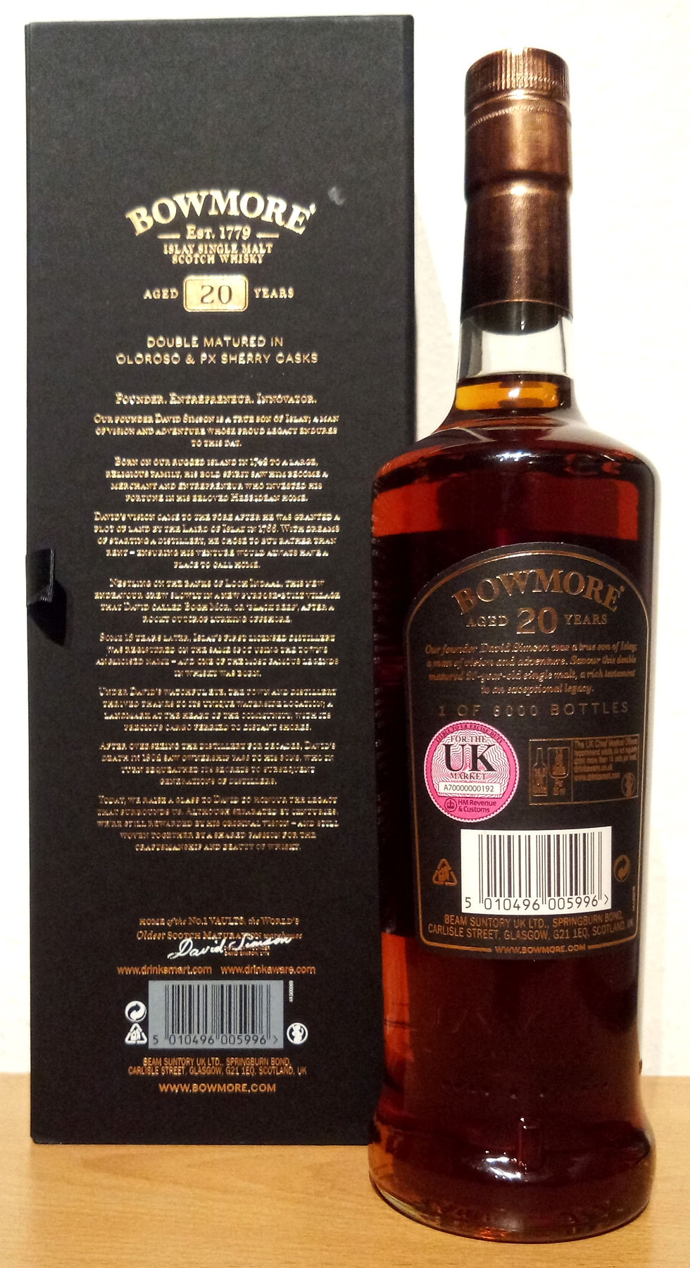 20 Jahre alter Whisky, Rückansicht der Flasche und Verpackung
