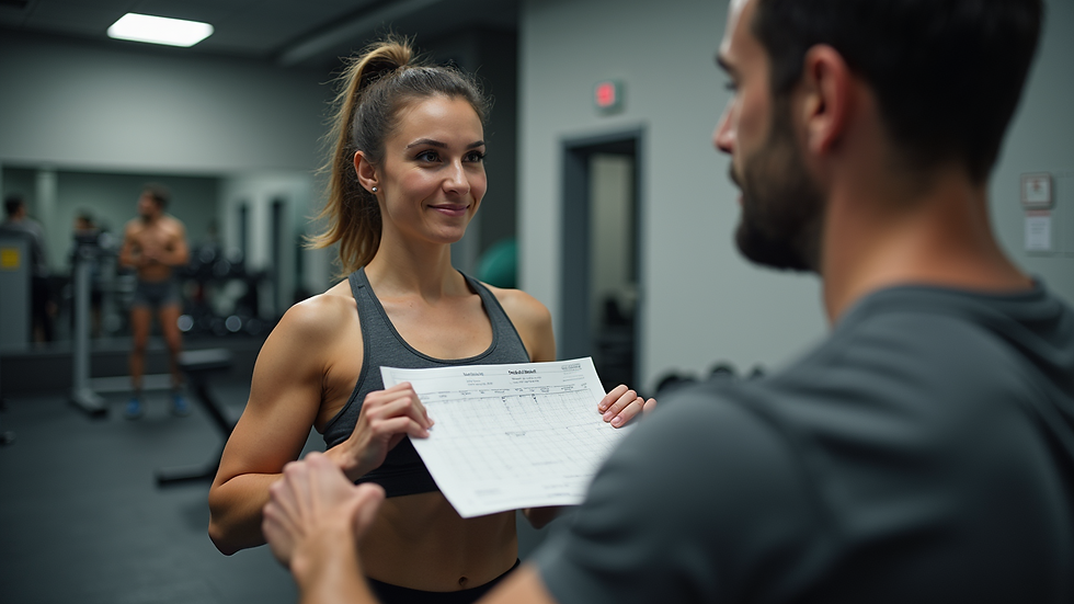 Eye-level view of a fitness coach adjusting a client’s workout plan