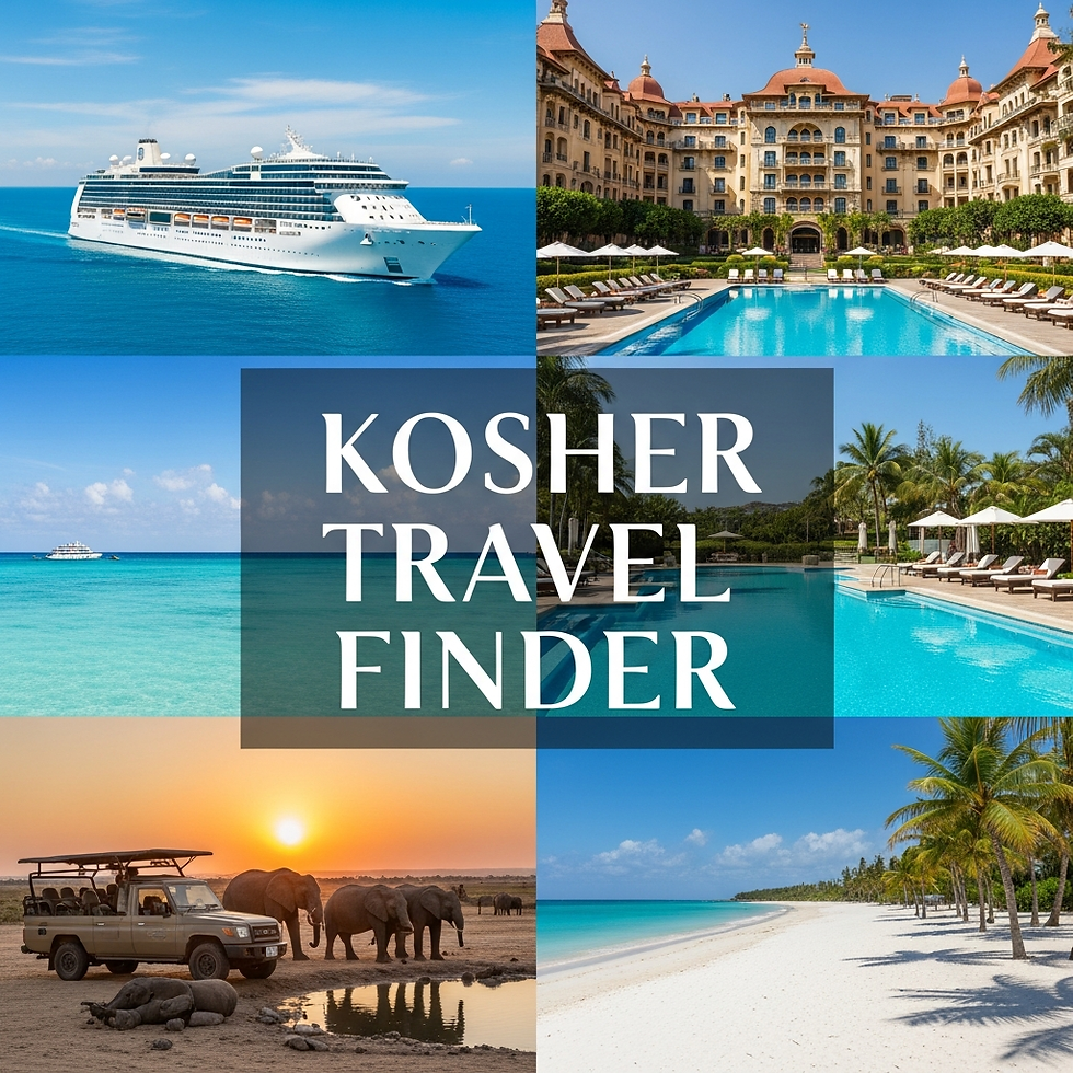 Kosher Cruise ship, luxury hotel, safari with elephants, beach, and pool highlight Kosher Travel Finder. Bright blue themes, diverse settings.
