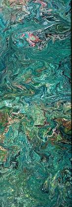 Abstract artwork of flowing teal and green water, Mysticflo introduction. 10x30 canvas