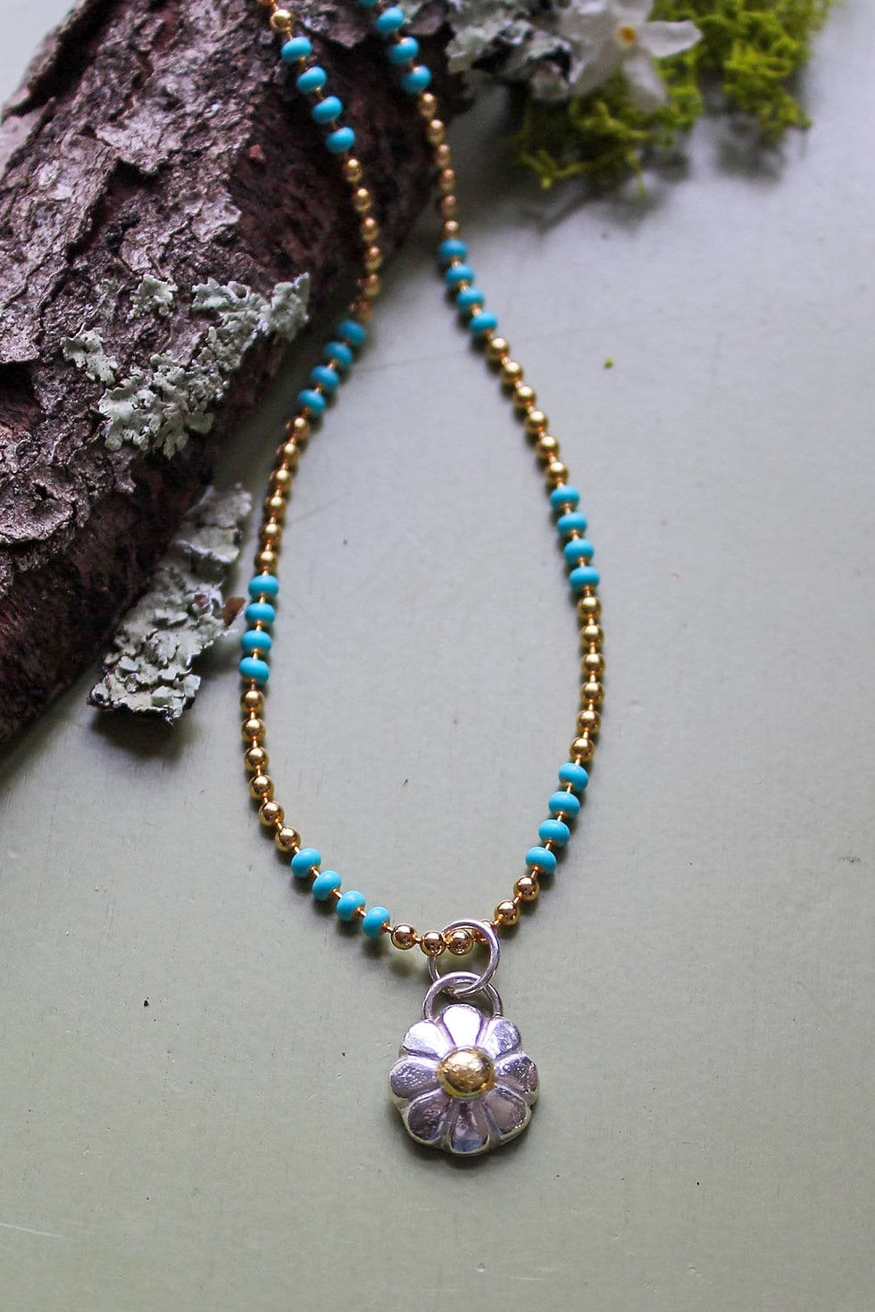 Thumbnail: YOUR CHOICE Golden Kiss Daisy or Sunflower Charm Necklace with Turquoise Enamel