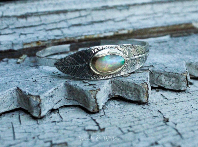 Thumbnail: Sterling Silver Willow Leaf Cuff with Ethiopian Opal