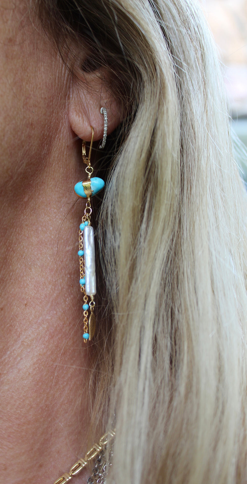 Thumbnail: "Guilded Skies" Artisan Earrings with Biwa Pearls and Turquoise