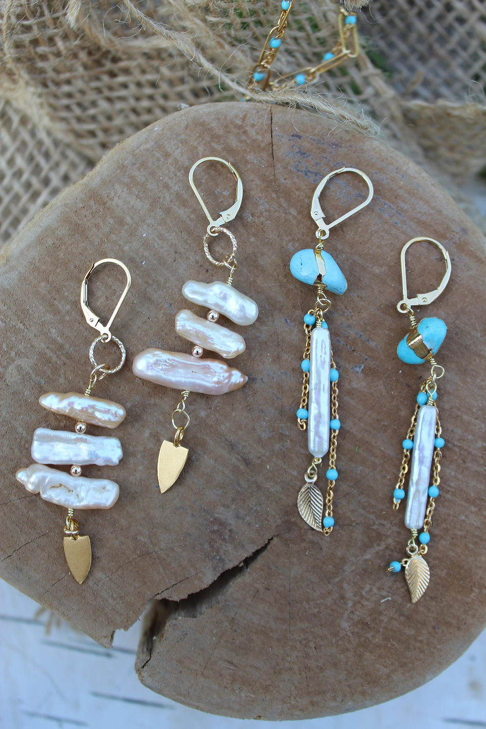 Thumbnail: Golden Ladder Biwa Pearl Earrings, Handmade Earrings, Pearl Earrings