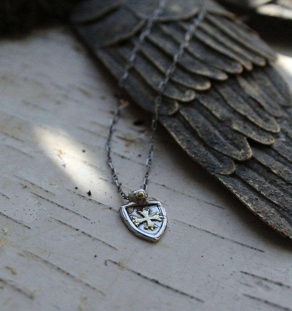 Thumbnail: "Bouclier" Handmade Shield Necklace in Sterling Silver and Gold