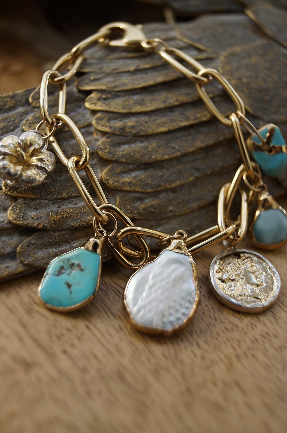 Thumbnail: "Wanderlight" Charm Bracelet with Turquoise and Pearl