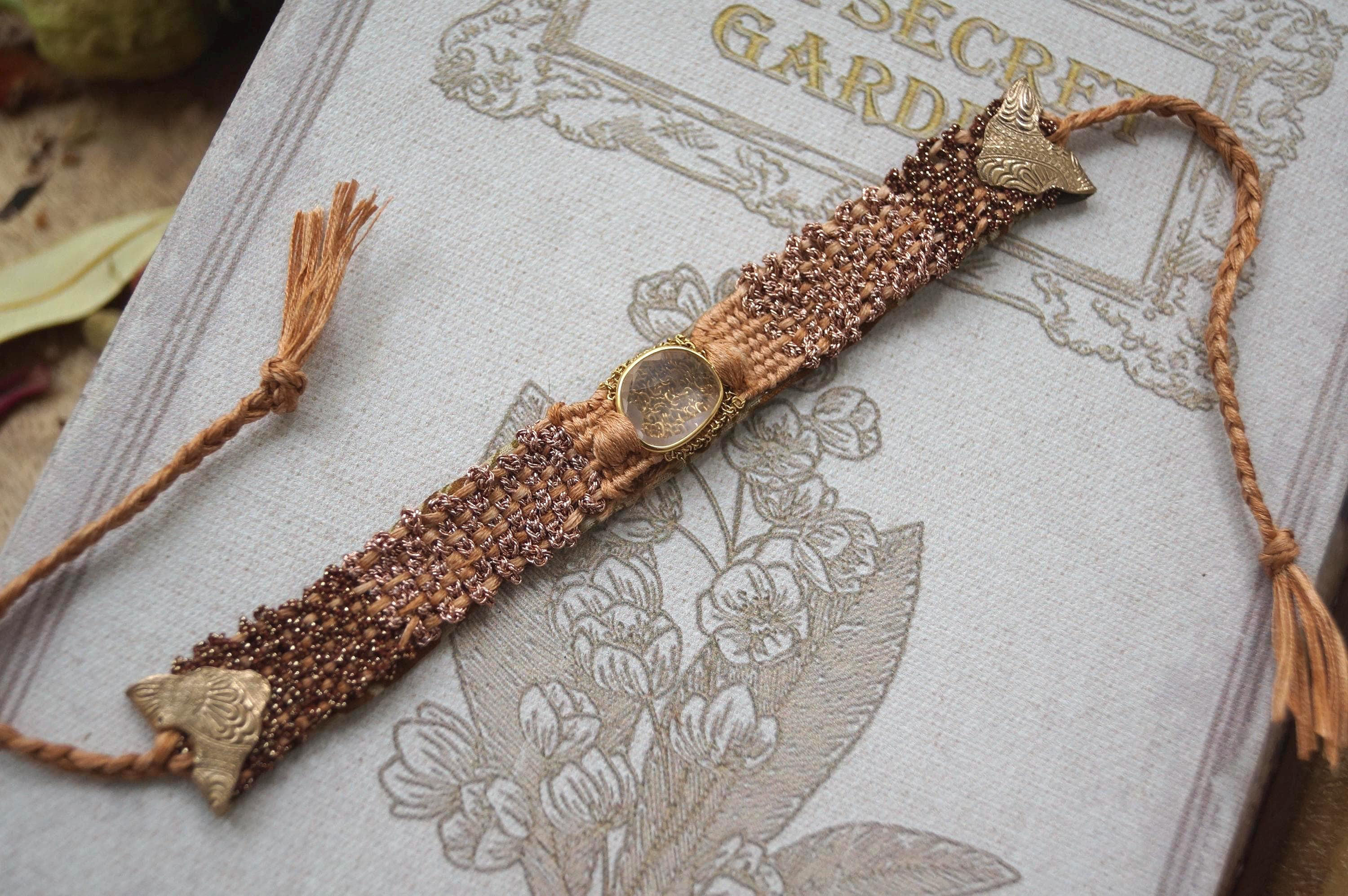 "Woven Willows" Taupe and Pink with Rose Quartz Gemstone Bracelet