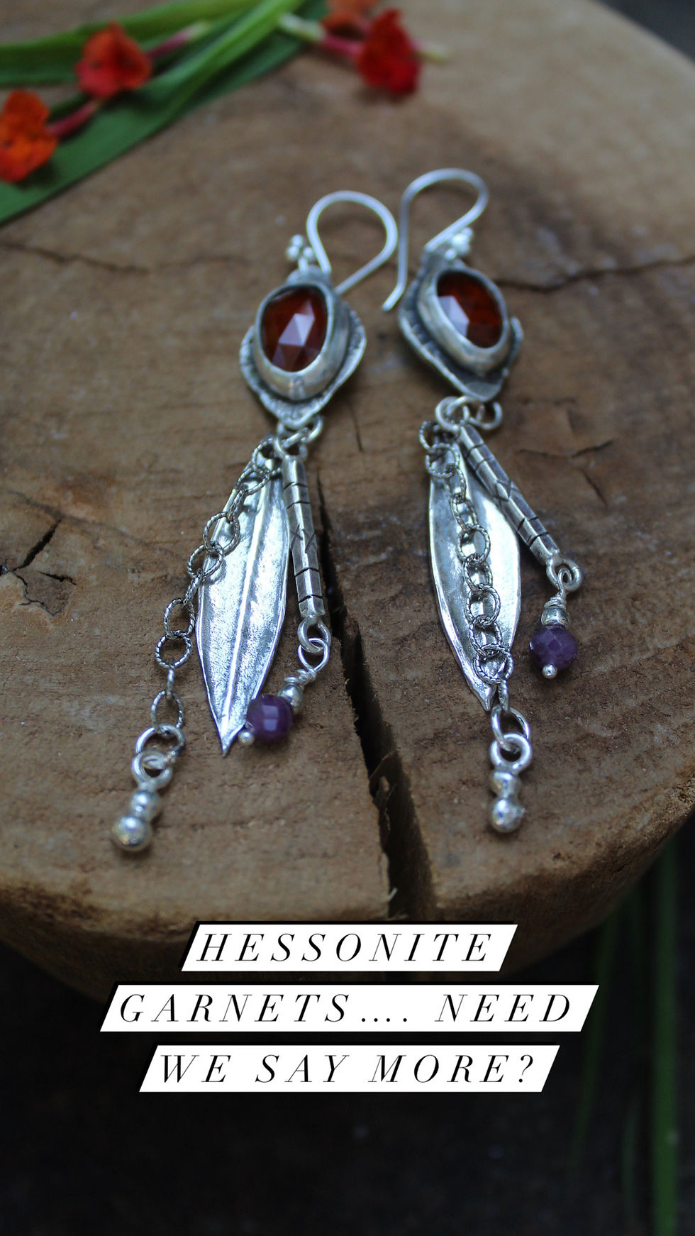 Thumbnail: "Peaceful Glow" Sterling Olive Leaf Earrings with Hessonite Garnets