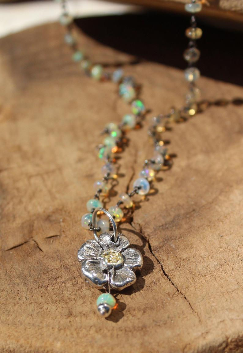 Thumbnail: Opal Beaded Necklace with Handmade Sterling and Gold Flower Charm