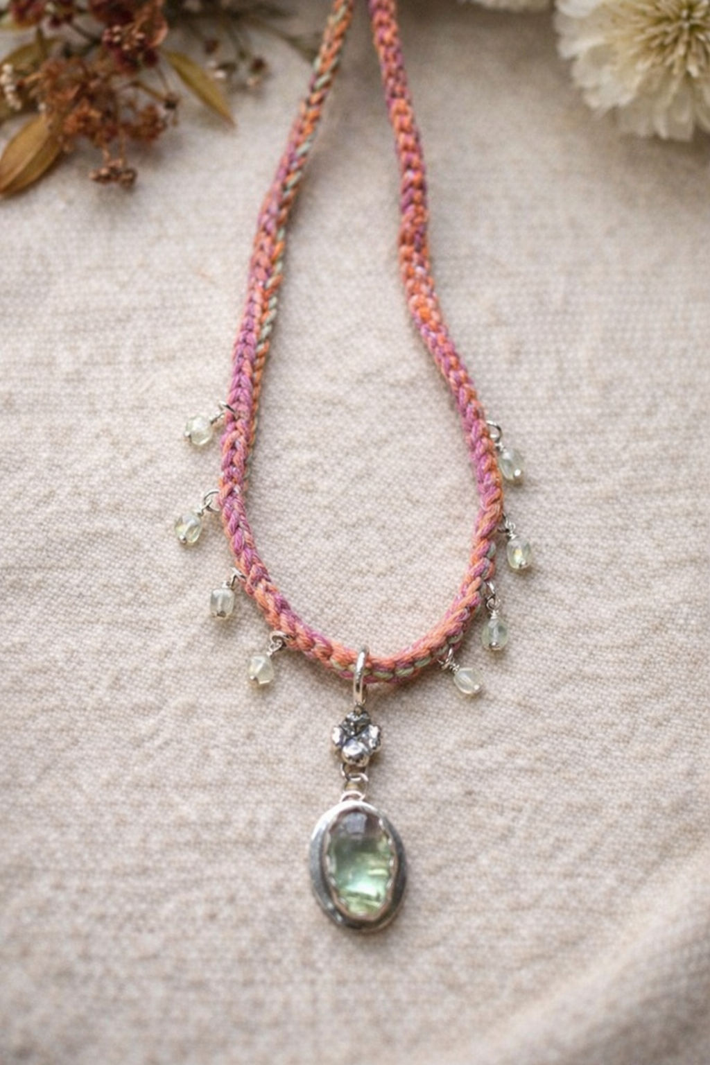 Spring Garden Crocheted Italian Yarn Necklace with Rainbow Tourmaline