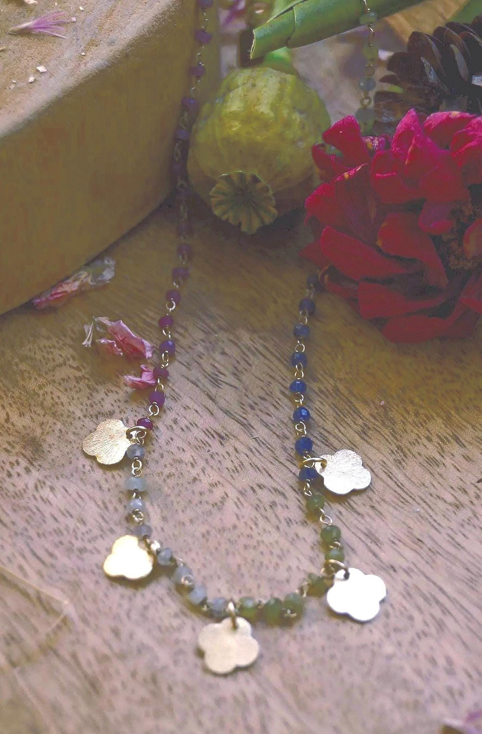 Thumbnail: "Golden Quatrefoil Harmony" Gemstone Necklaces, YOUR CHOICE