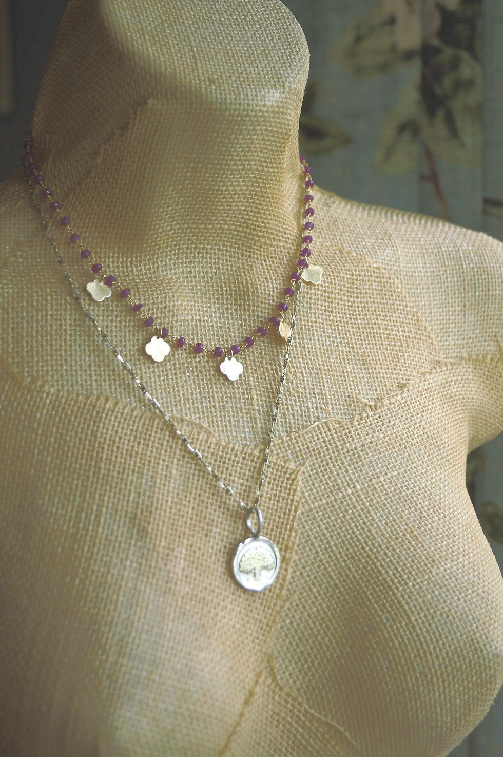 Thumbnail: "Golden Quatrefoil Harmony" Gemstone Necklaces, YOUR CHOICE