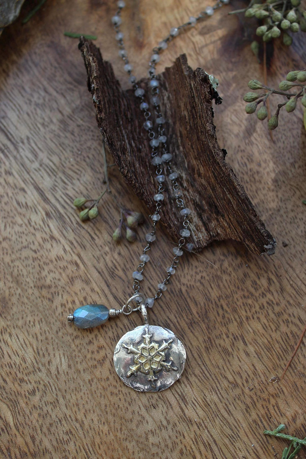 Thumbnail: "Golden Snowflake" Charm on Iridescent Rainbow Moonstone Chain