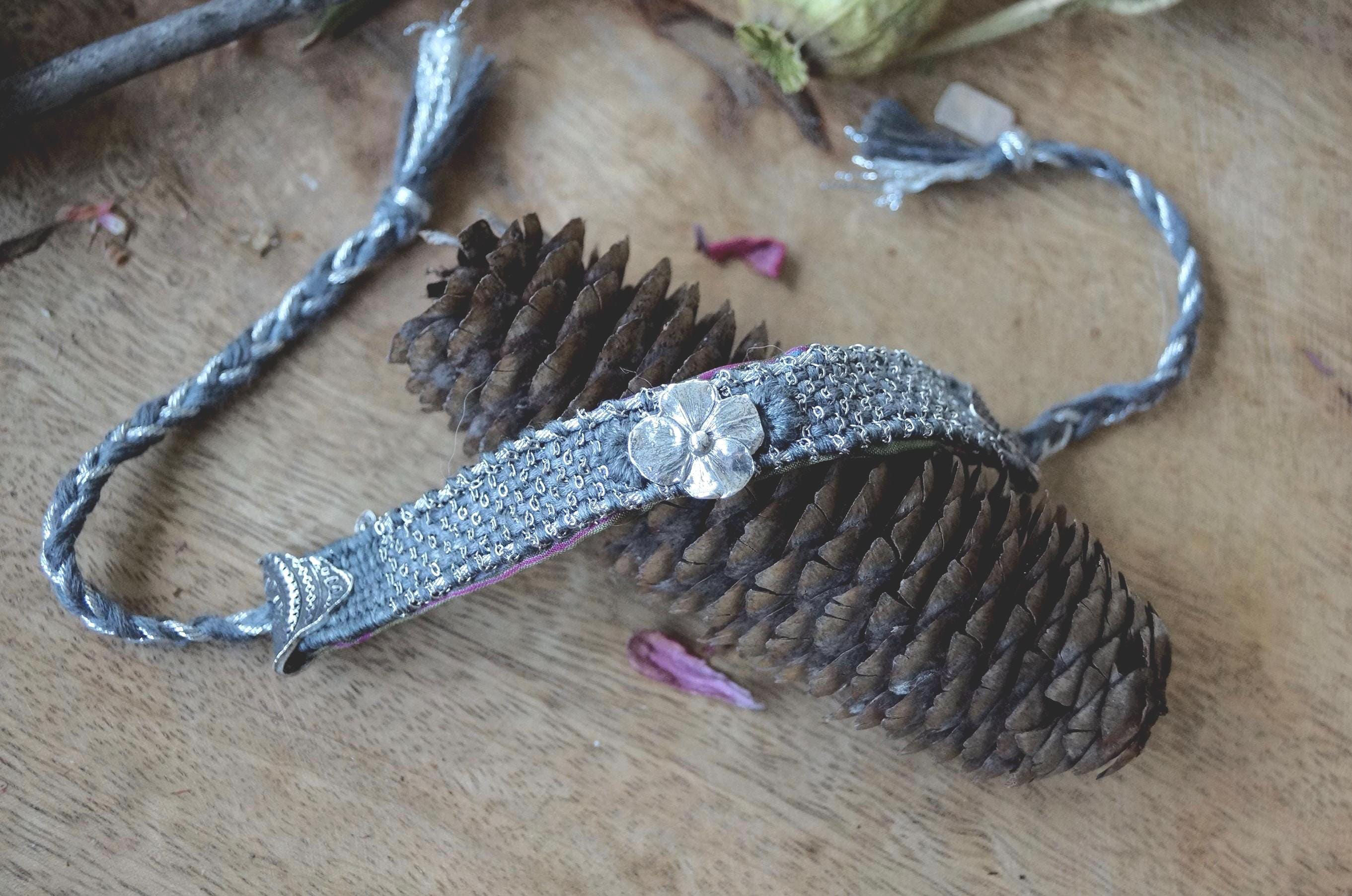 "Woven Willows" Grey Metallic Thread and Chain Bracelet