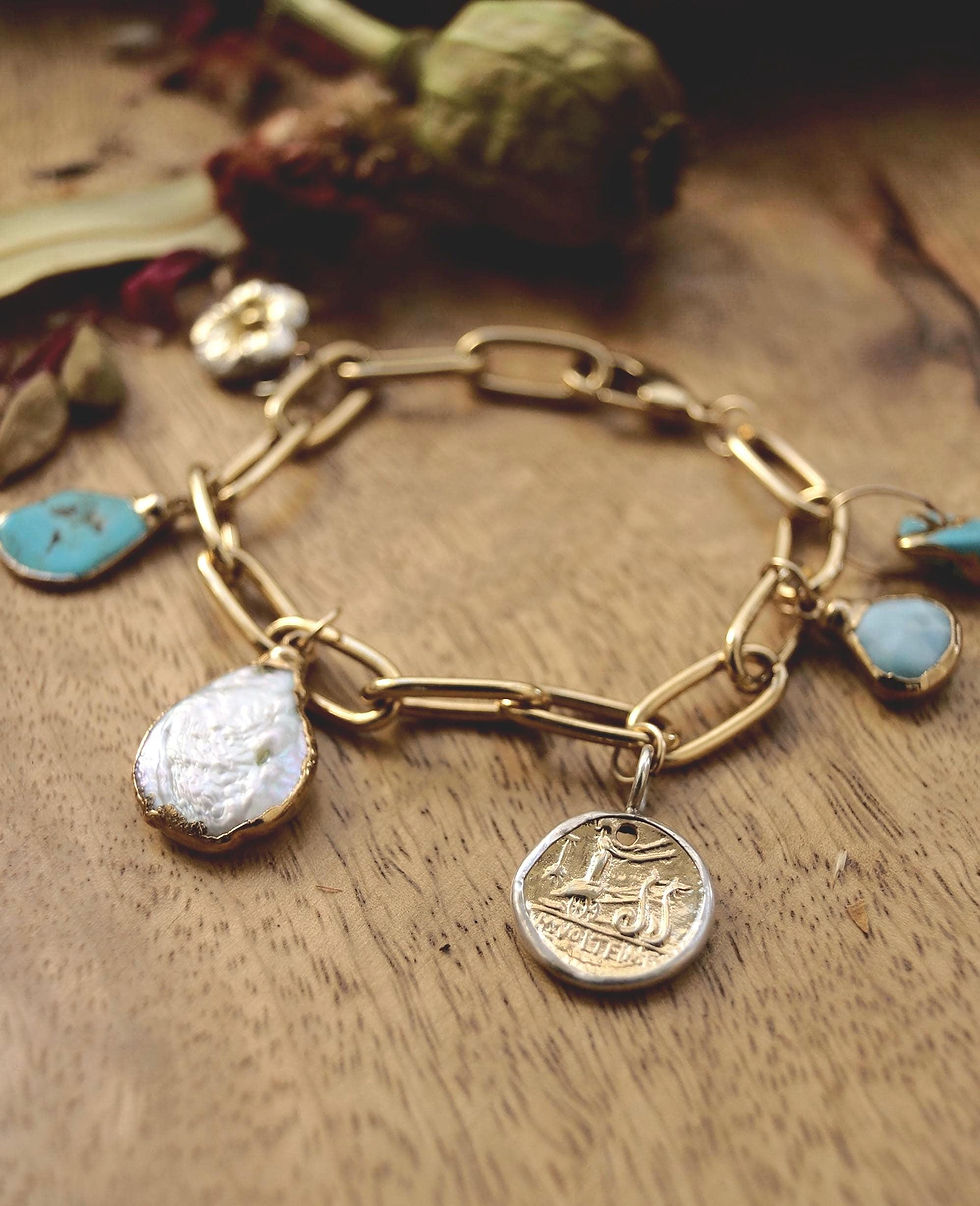 Thumbnail: "Wanderlight" Charm Bracelet with Turquoise and Pearl