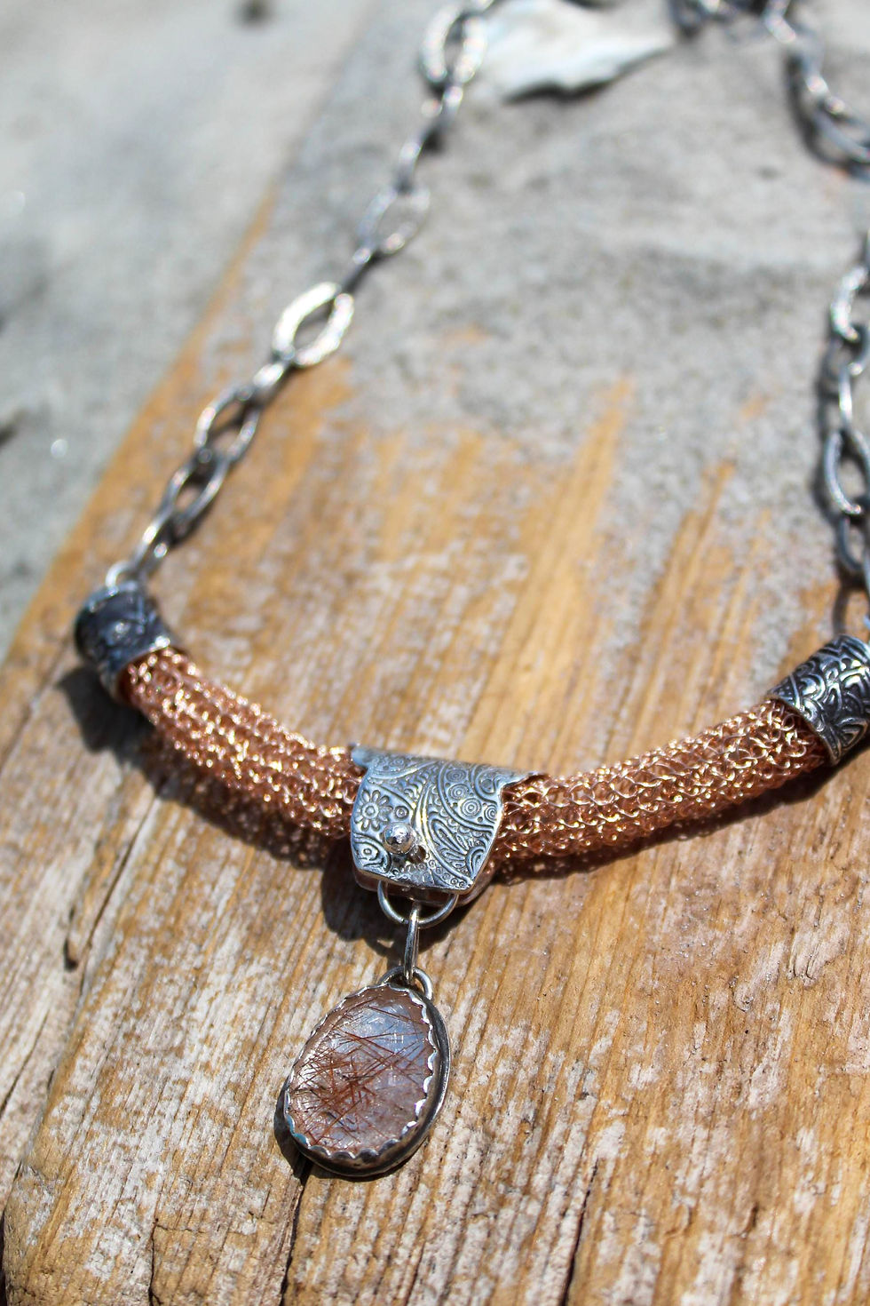 Thumbnail: "Moroccan Rose" Handwoven Rose Gold Necklace with Rutilated Quartz