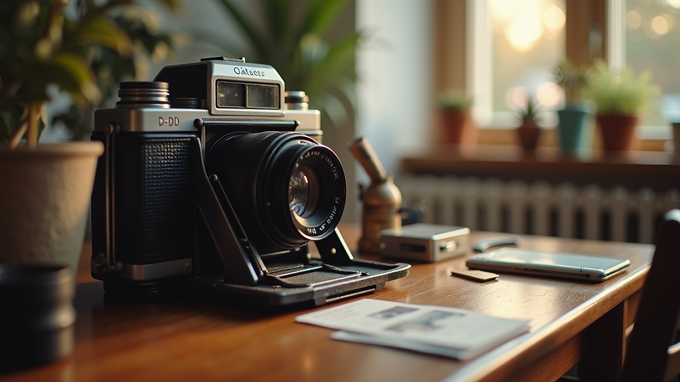 Close-up view of a vintage-style photo booth camera with props on a table