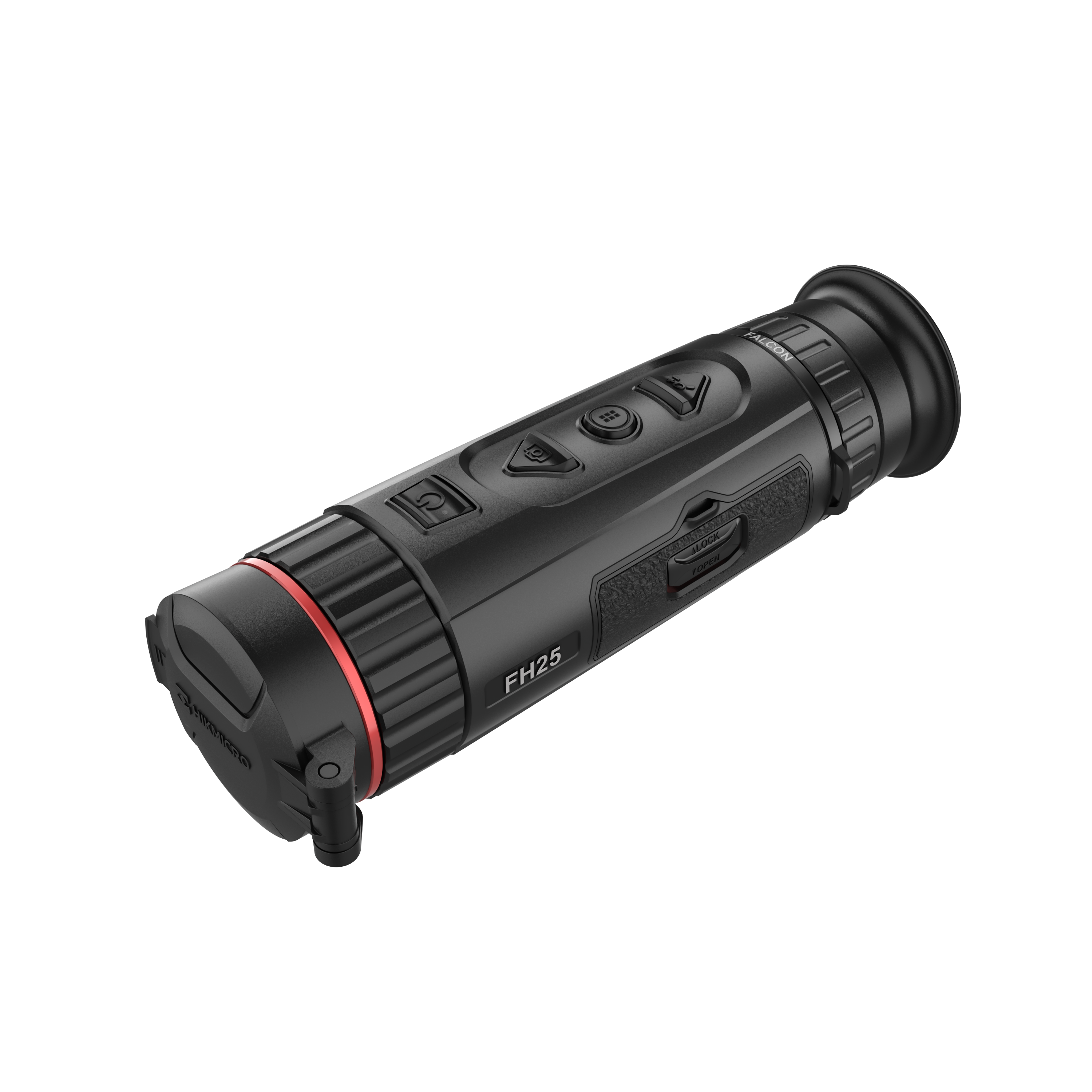 Monoculaire thermique Hikmicro Falcon FQ35, vue de trois quarts avant montrant les boutons de commande