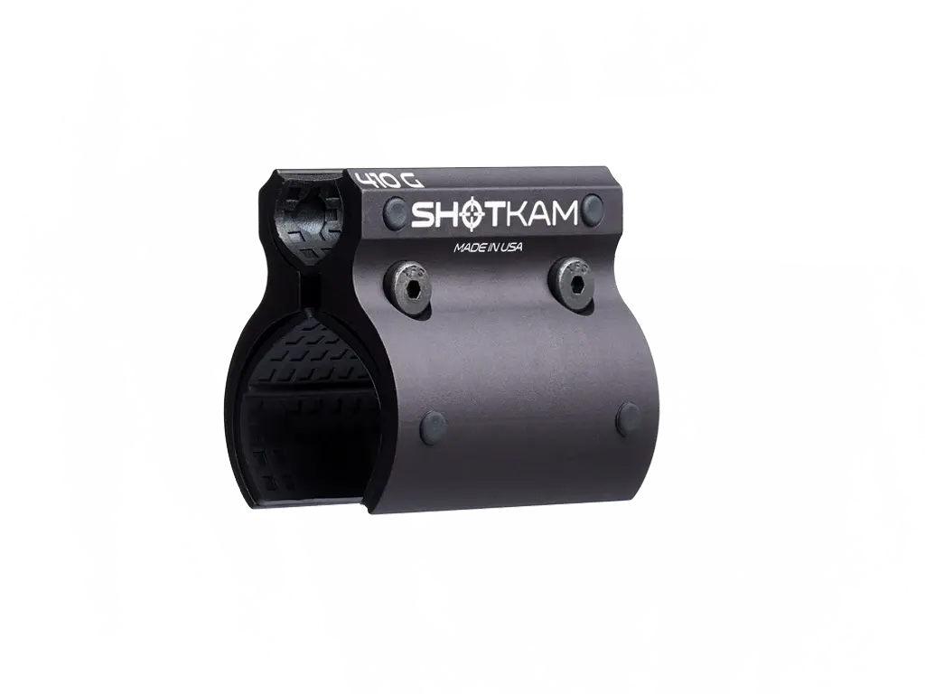 Monture ShotKam pour calibre .410 et carabine express, montrant le logo ShotKam et le mécanisme de fixation en métal noir.