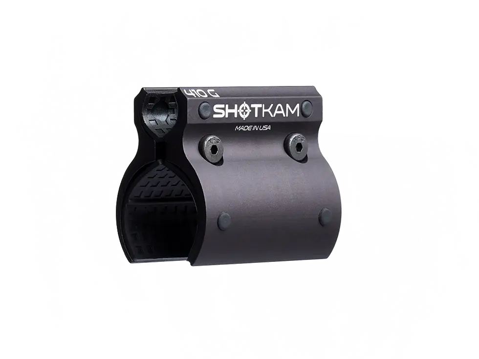 Monture ShotKam pour calibre .410 et carabine express, montrant le logo ShotKam et le mécanisme de fixation en métal noir.