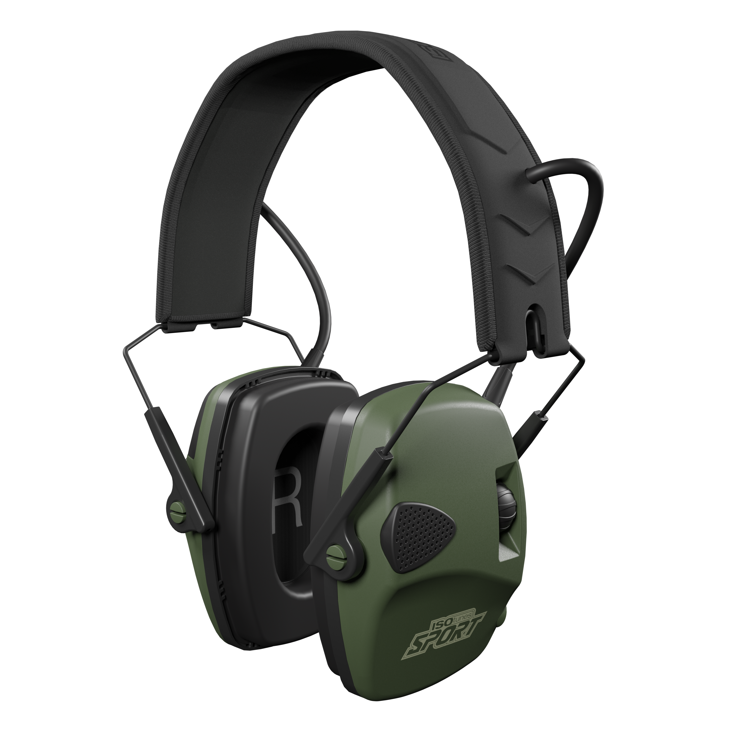 Casque antibruit Isotunes Sport Defy Slim Basic en vert, vue d'ensemble avec bandeau réglable.