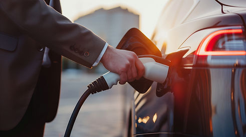 Geschäftsmann lädt Elektroauto an Ladstation