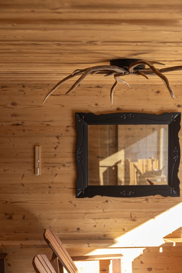 lampadario Aranea in corna inserito in sauna di lusso con pareti in legno